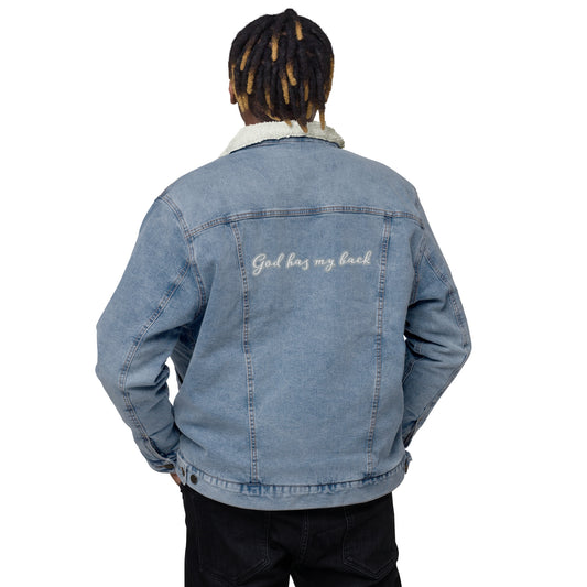 God Has My Back EMBROIDERED STITCH - Unisex denim sherpa jacket