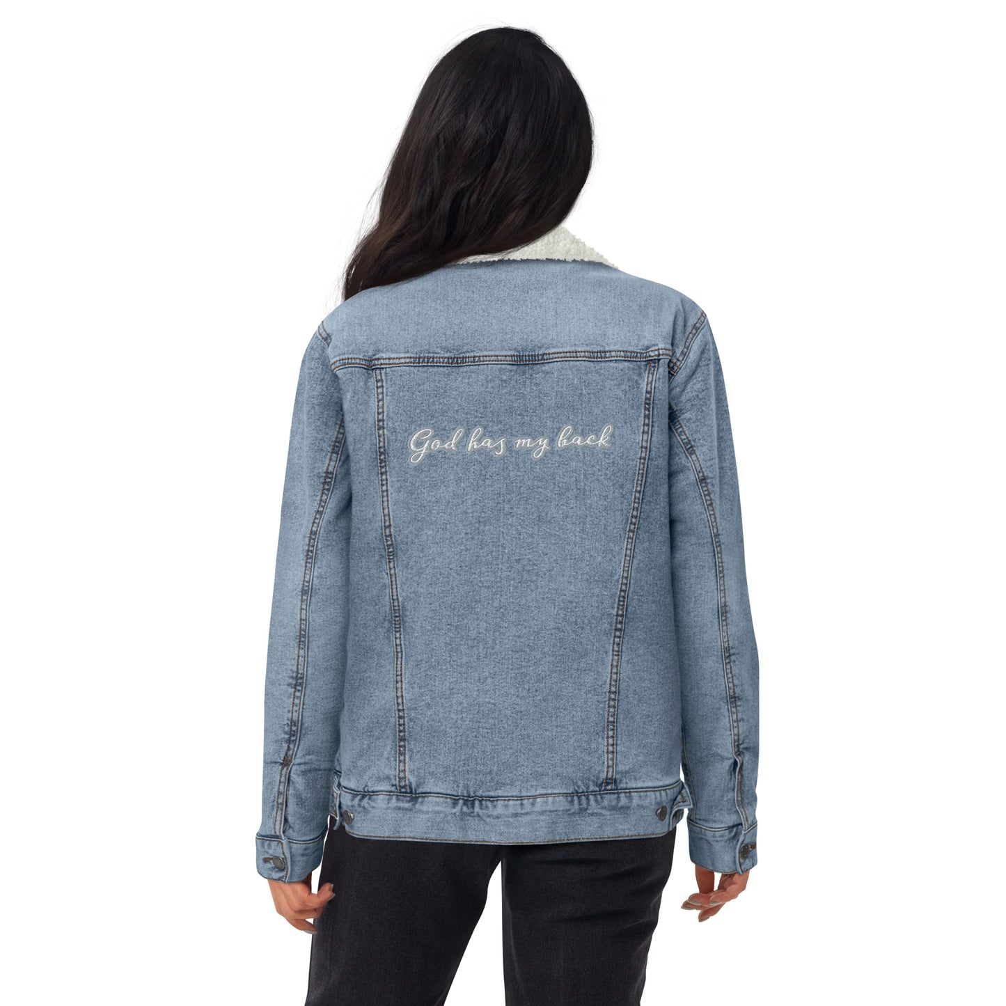 God Has My Back EMBROIDERED STITCH - Unisex denim sherpa jacket