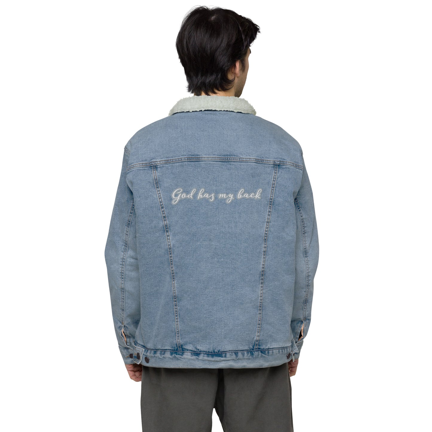 God Has My Back EMBROIDERED STITCH - Unisex denim sherpa jacket