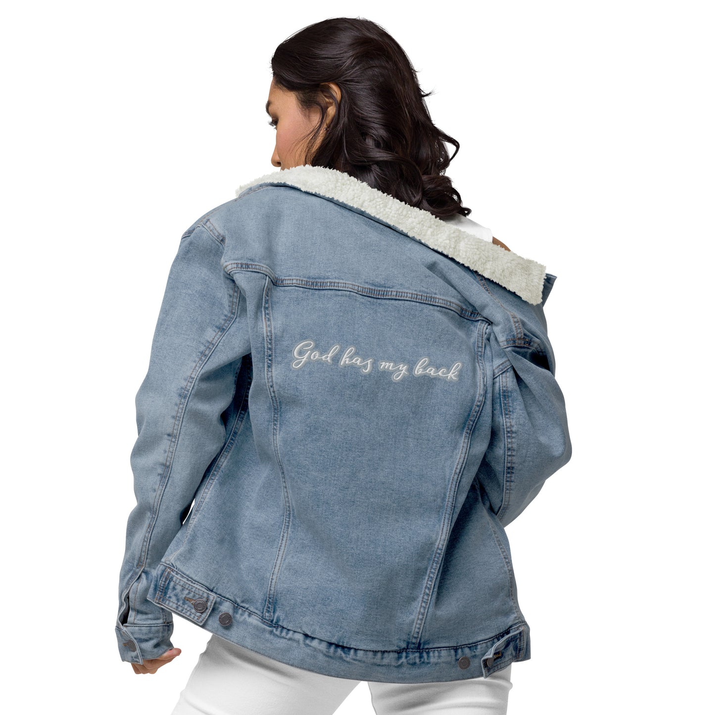 God Has My Back EMBROIDERED STITCH - Unisex denim sherpa jacket