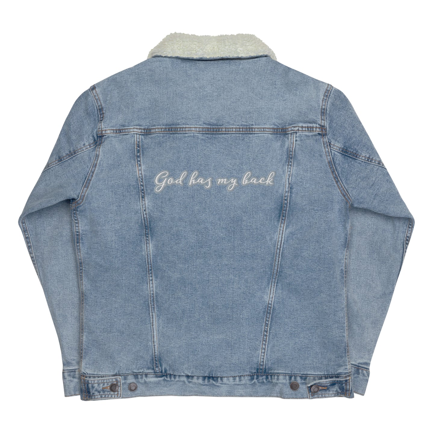 God Has My Back EMBROIDERED STITCH - Unisex denim sherpa jacket